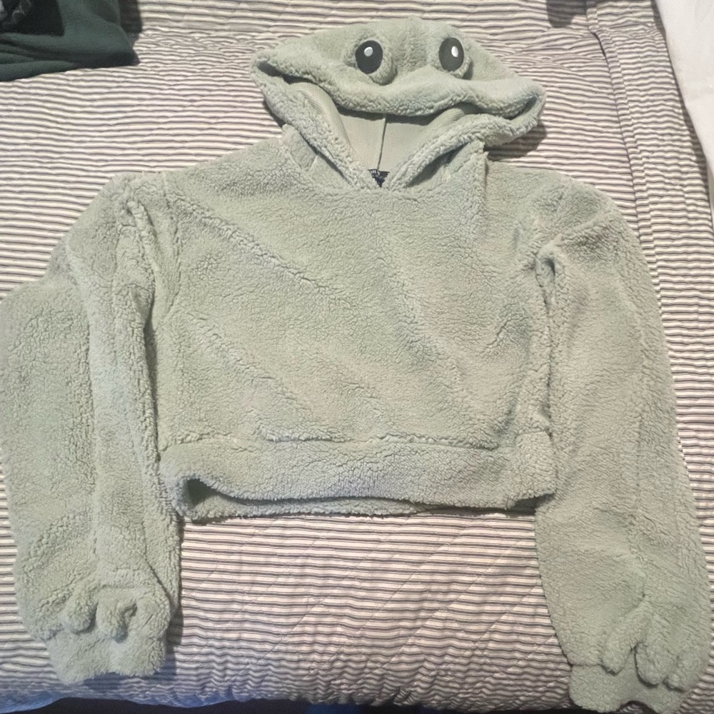 Thorn & Fable Light Green Sherpa Cropped Hoodie